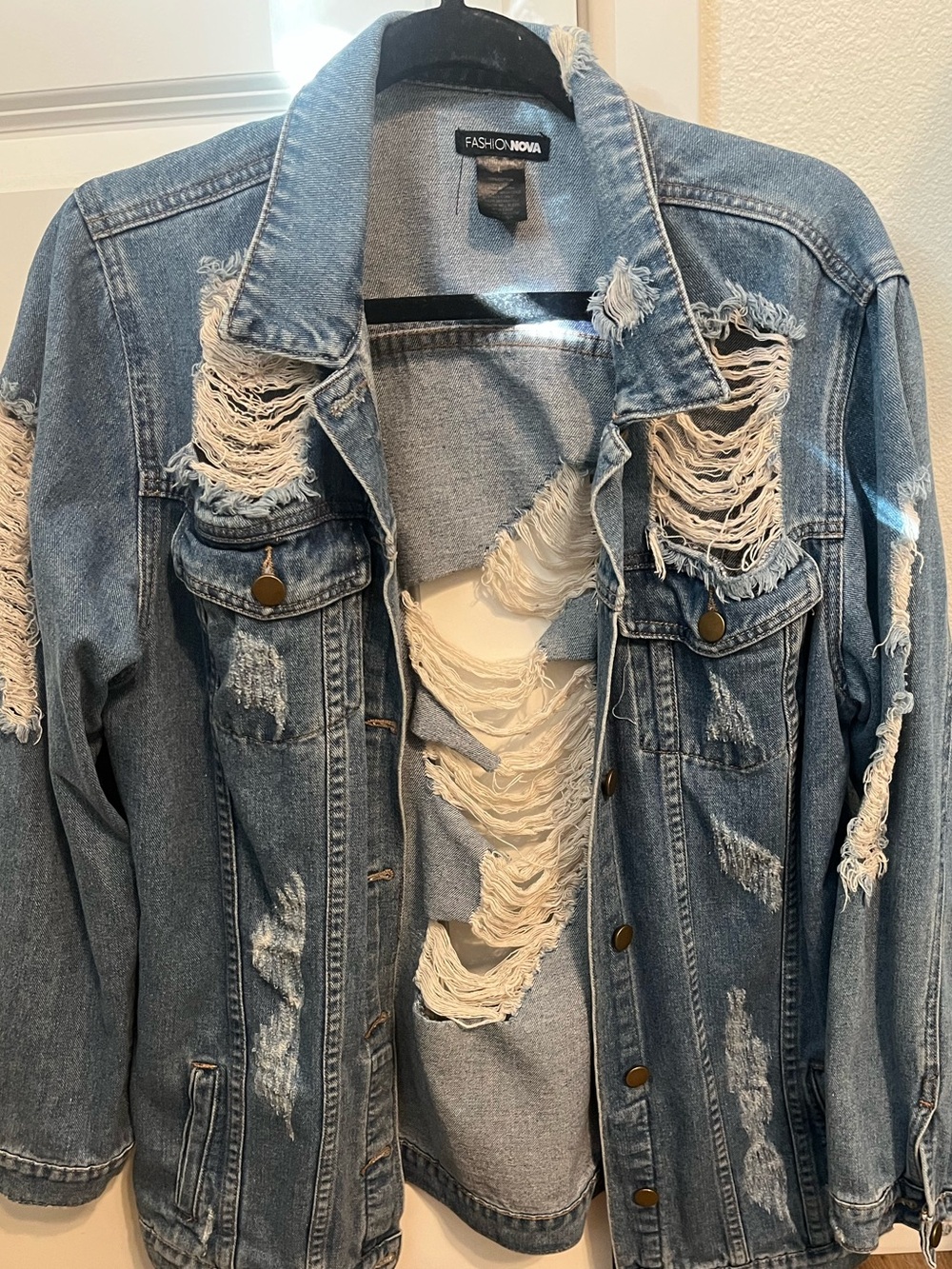 Fashion Nova Light Blue Distressed Denim Jacket with Heavy Shredding